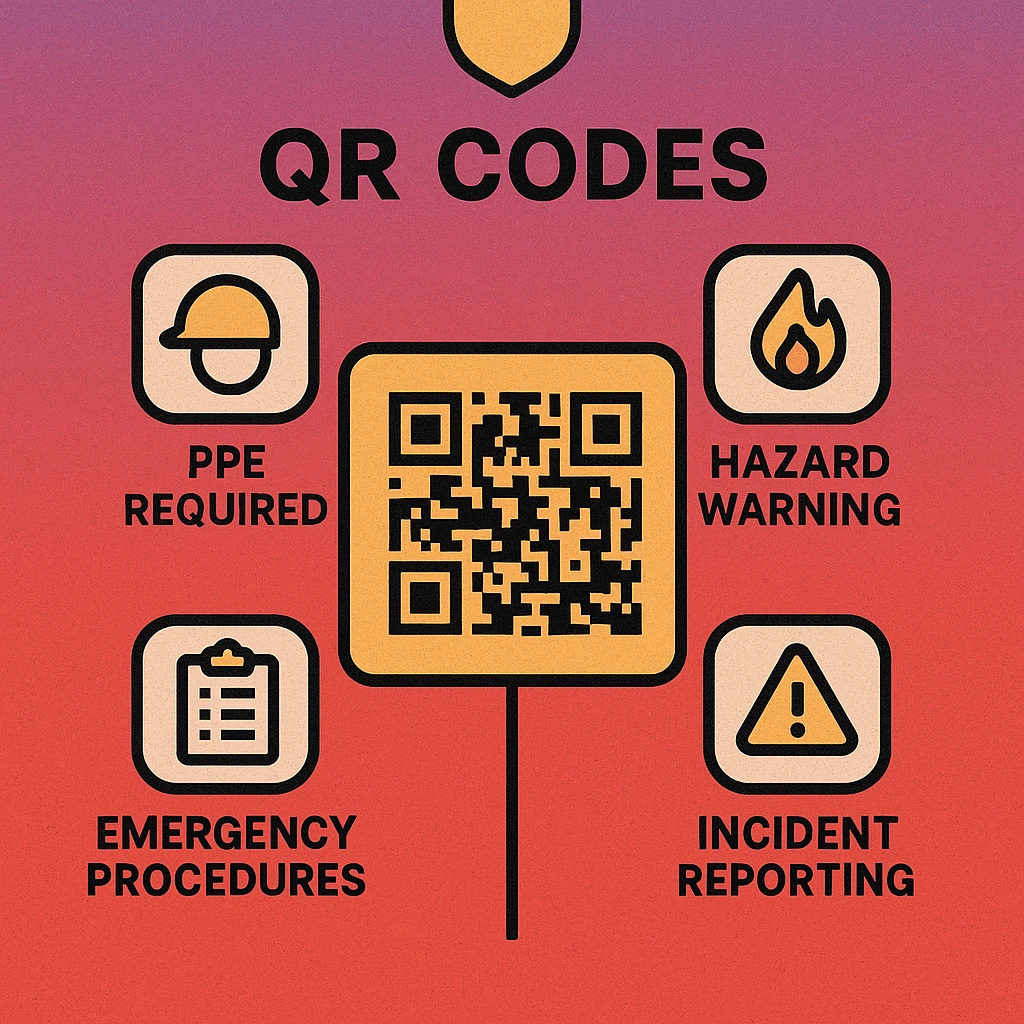 QR code safety compliance labels on a construction site scaffold showing inspection pass status
