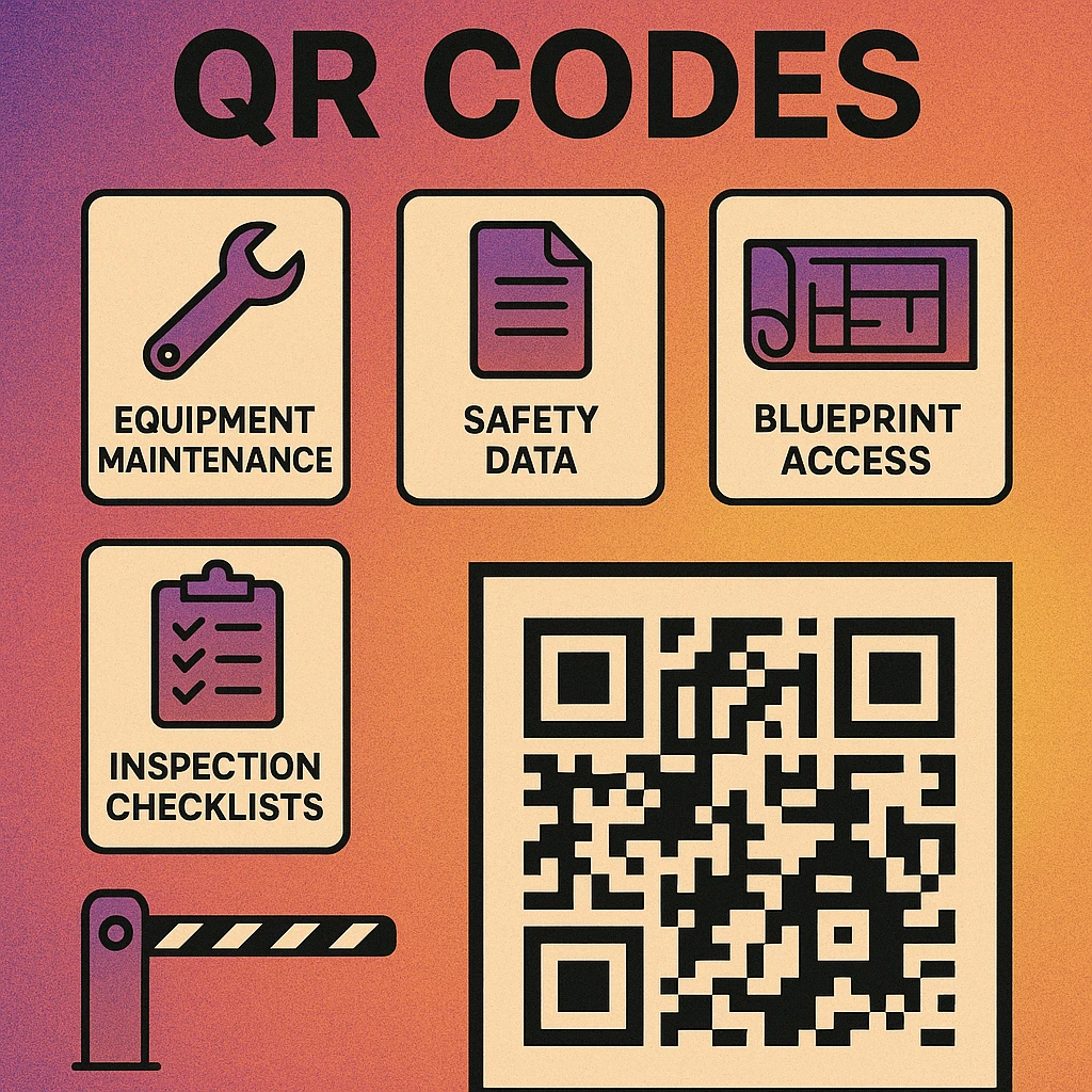 Diagram showing QR code use cases on a construction site: equipment tags, SDS binders, blueprint stations, and access gates