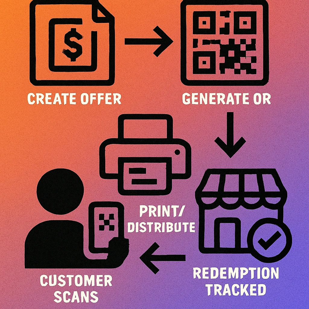 Diagram showing the five-stage QR coupon campaign flow from asset placement through to post-campaign analytics