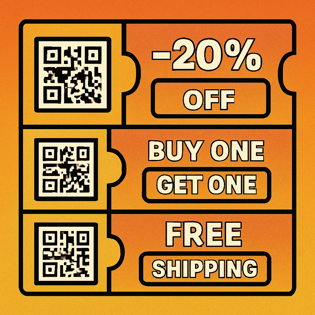 Four coupon type cards showing percentage off, BOGO, free shipping, and fixed amount discount designs