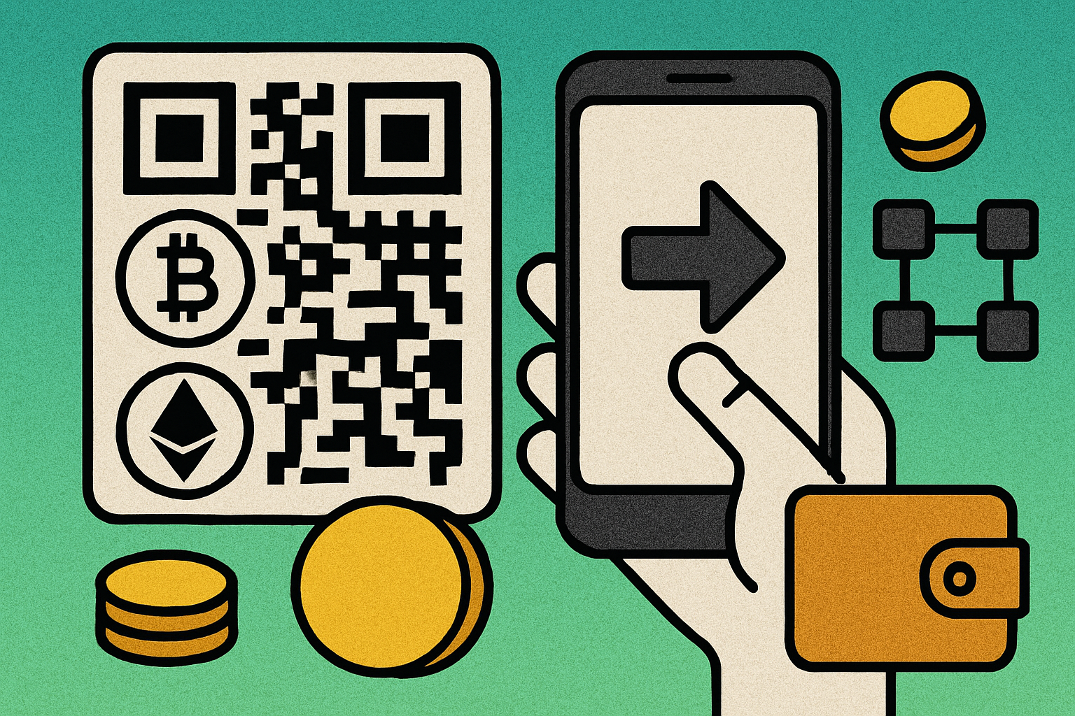 Crypto wallet QR code for Bitcoin and Ethereum being scanned for payment