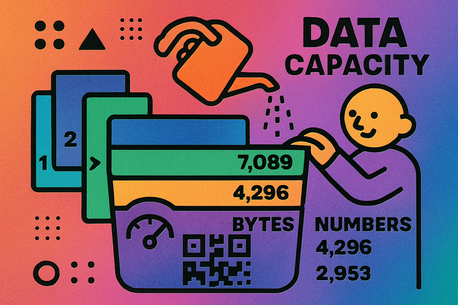 Infographic showing the maximum data capacity of a QR code across four encoding modes: numeric, alphanumeric, byte, and kanji