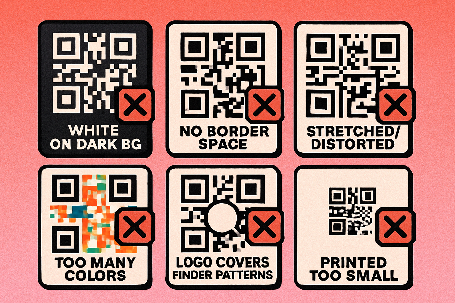 Diagram showing four common QR code design errors: logo covering finder pattern, inverted colors, missing quiet zone, and non-square aspect ratio