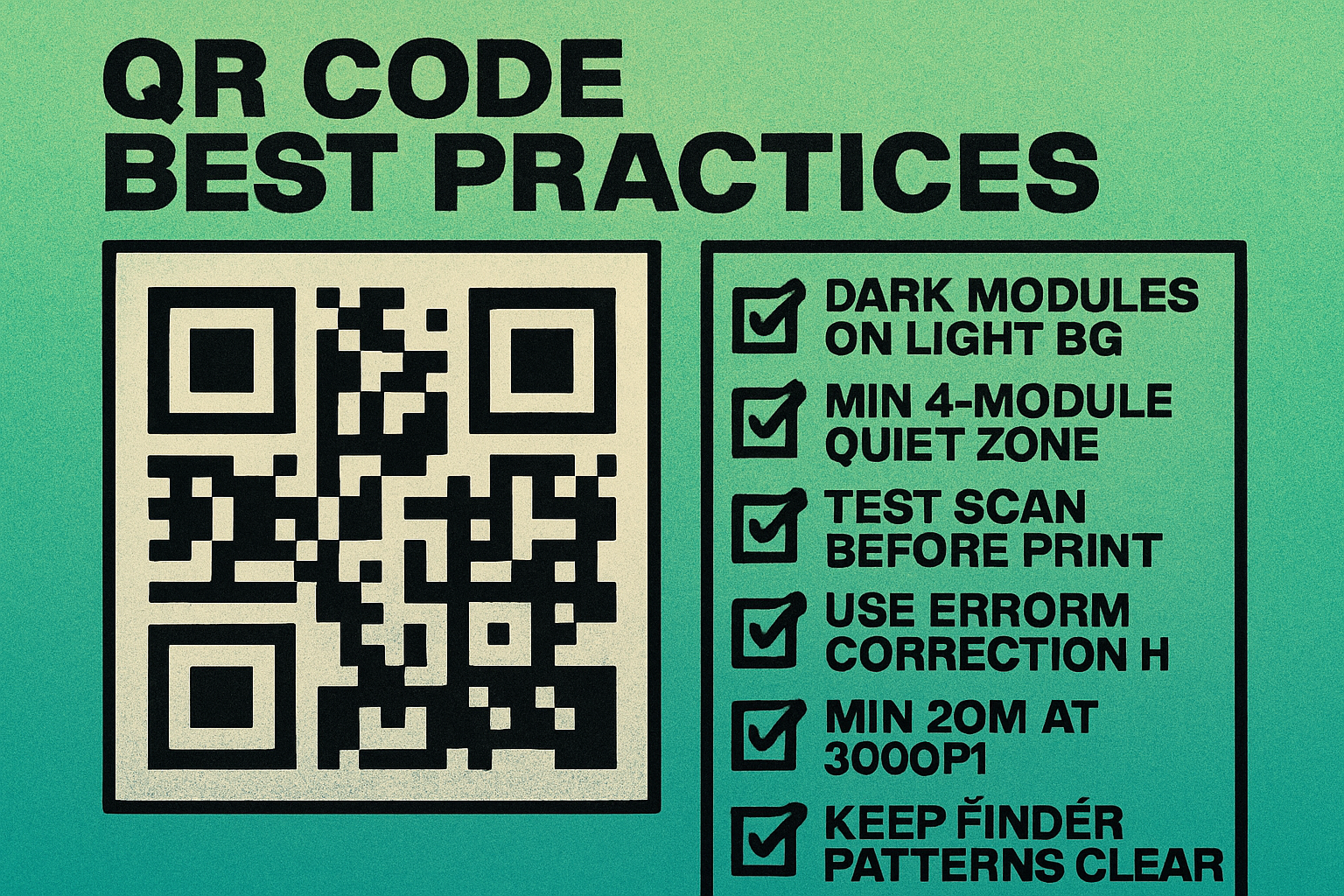 QR code design fix checklist showing seven checkpoints: color direction, quiet zone, minimum size, logo placement, contrast ratio, aspect ratio, and error correction level