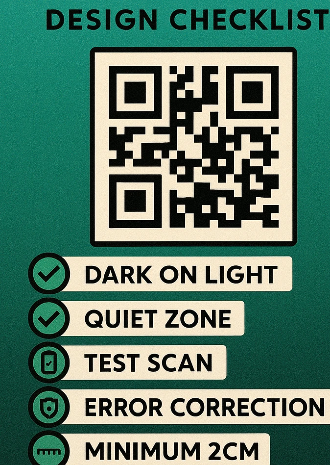 QR code design fix checklist showing seven checkpoints: color direction, quiet zone, minimum size, logo placement, contrast ratio, aspect ratio, and error correction level