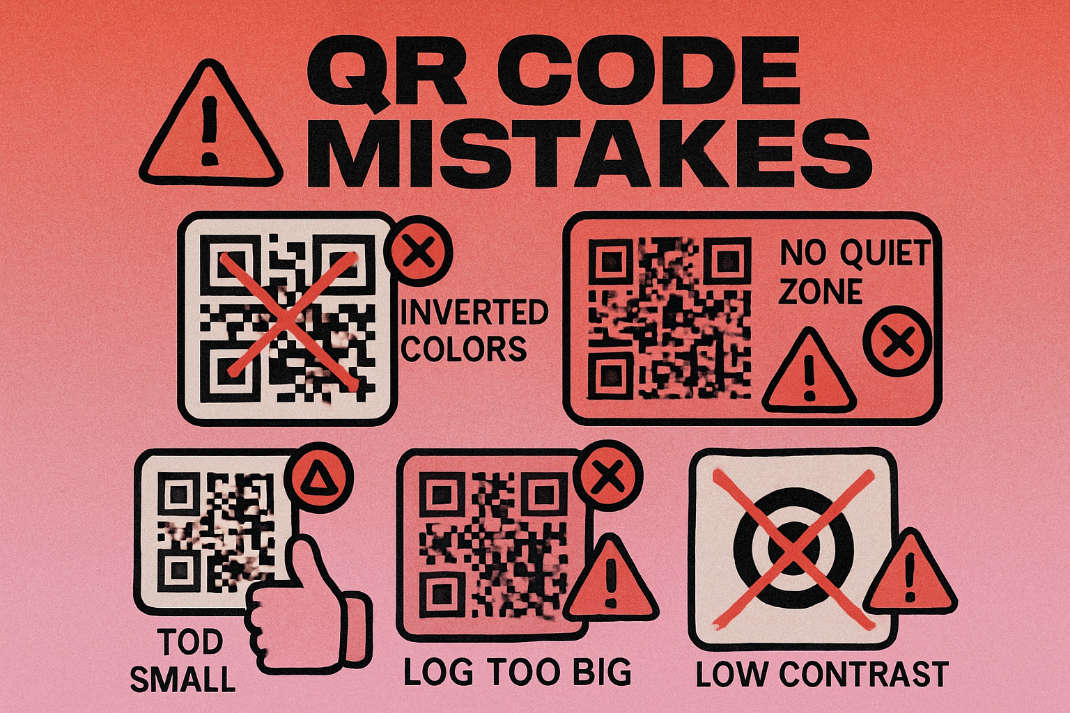 Side-by-side comparison of common QR code design mistakes versus correct QR code design, showing inverted colors, missing quiet zone, and logo placement errors