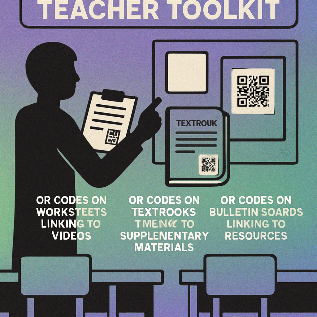 Classroom projector screen displaying a large QR code for attendance check-in alongside a digital timer