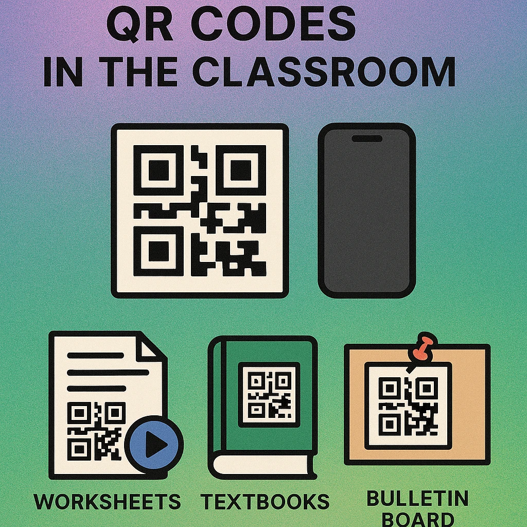 Classroom projector screen displaying a large QR code for attendance check-in alongside a digital timer