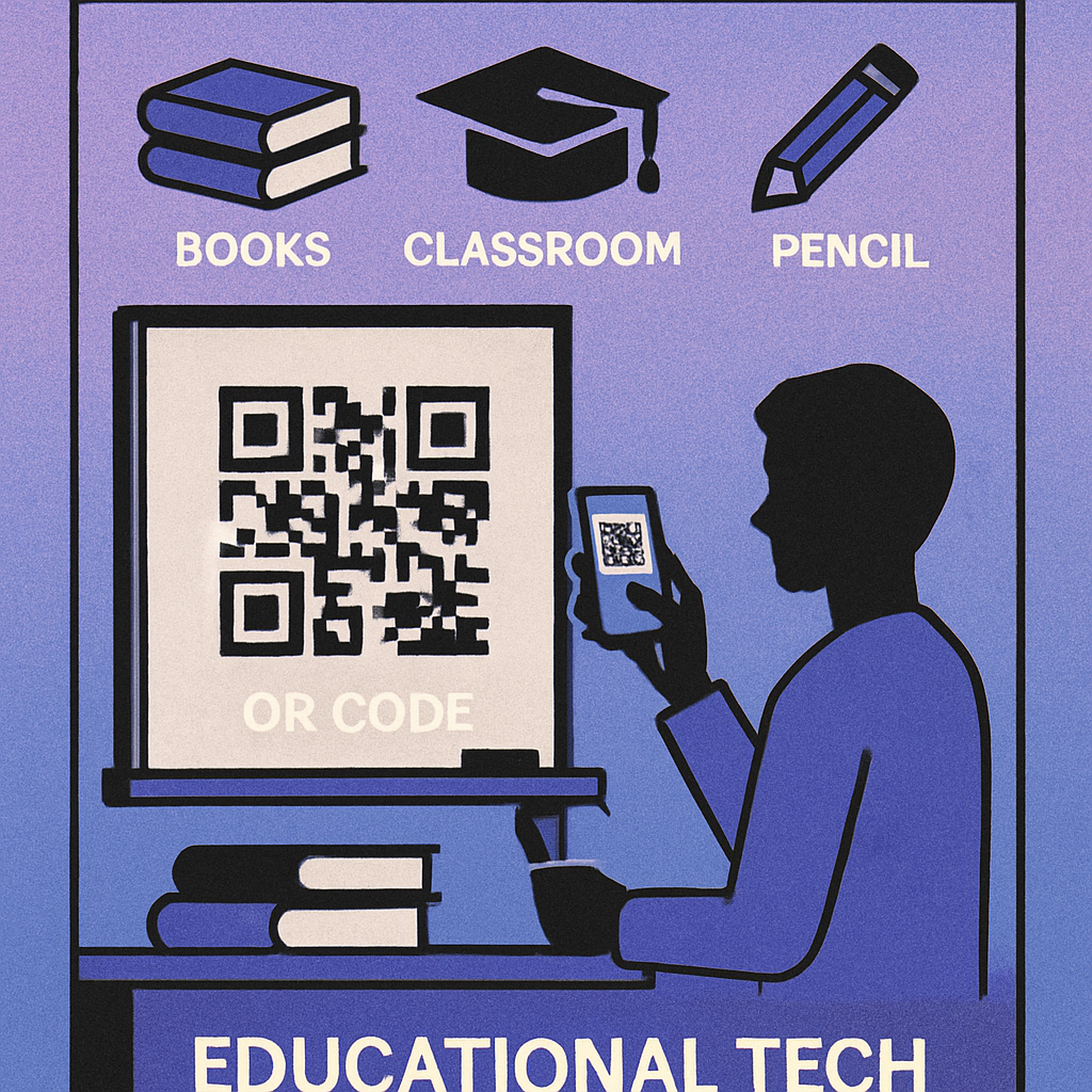 Teacher holding a tablet displaying a QR code while students scan it with smartphones in a modern classroom