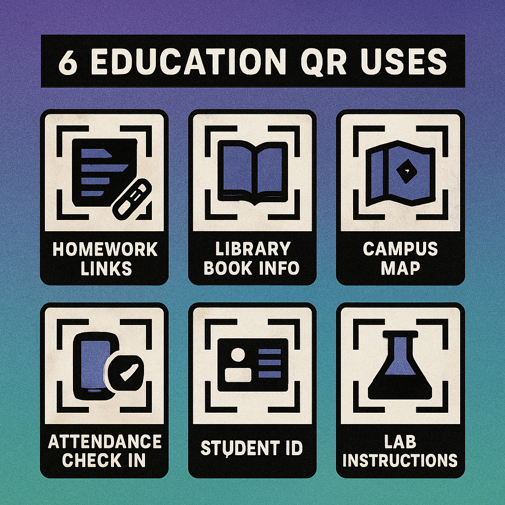 Collage of QR code use cases in education: worksheet with QR code, library shelf label, campus map kiosk, and attendance form