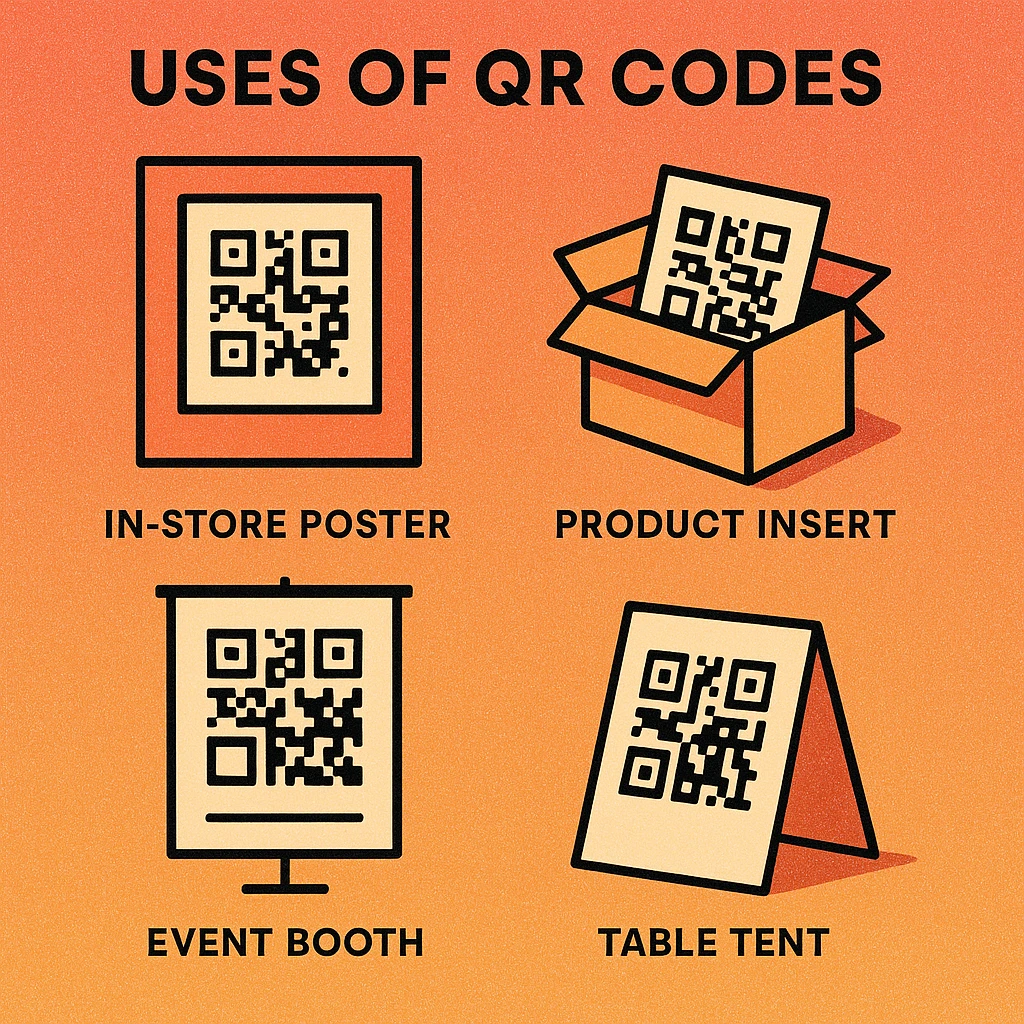 Collage showing QR code email signup codes on a receipt, product packaging, table tent, and event badge