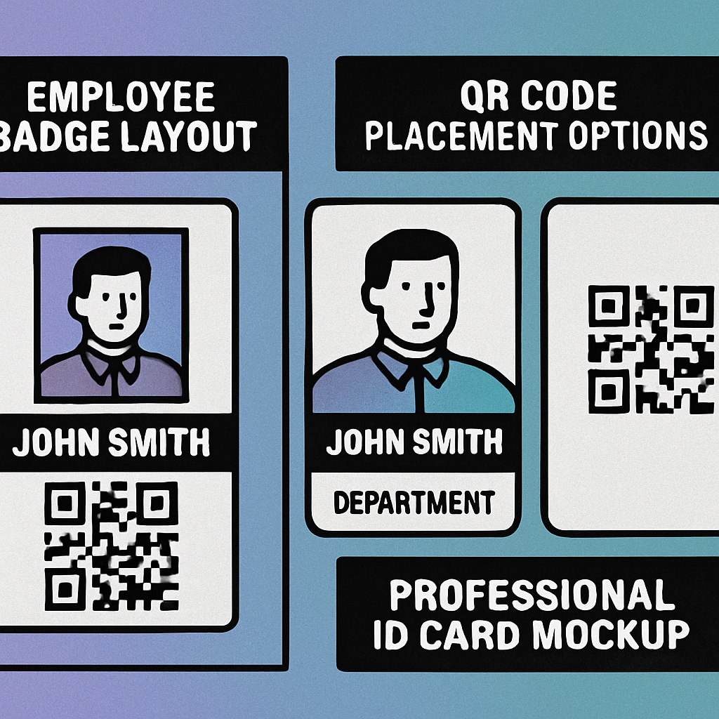 Three employee badge layout options: QR code on front with photo, QR code on reverse, and horizontal vs vertical orientations