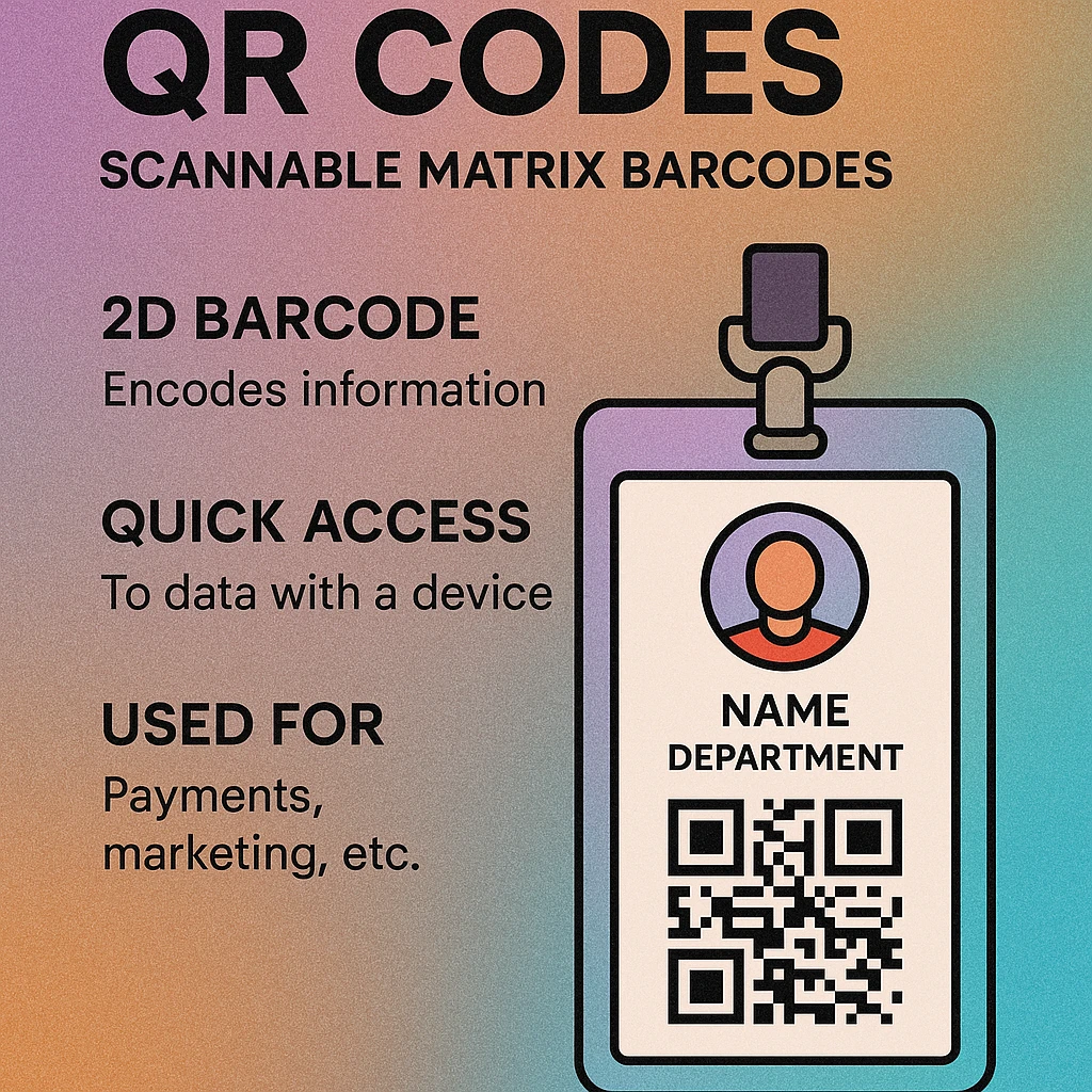 Three employee badge layout options: QR code on front with photo, QR code on reverse, and horizontal vs vertical orientations