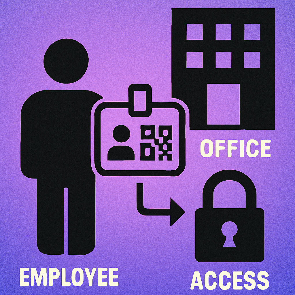 Employee ID badge with QR code beside a door access reader, equipment cabinet, and cafeteria payment terminal