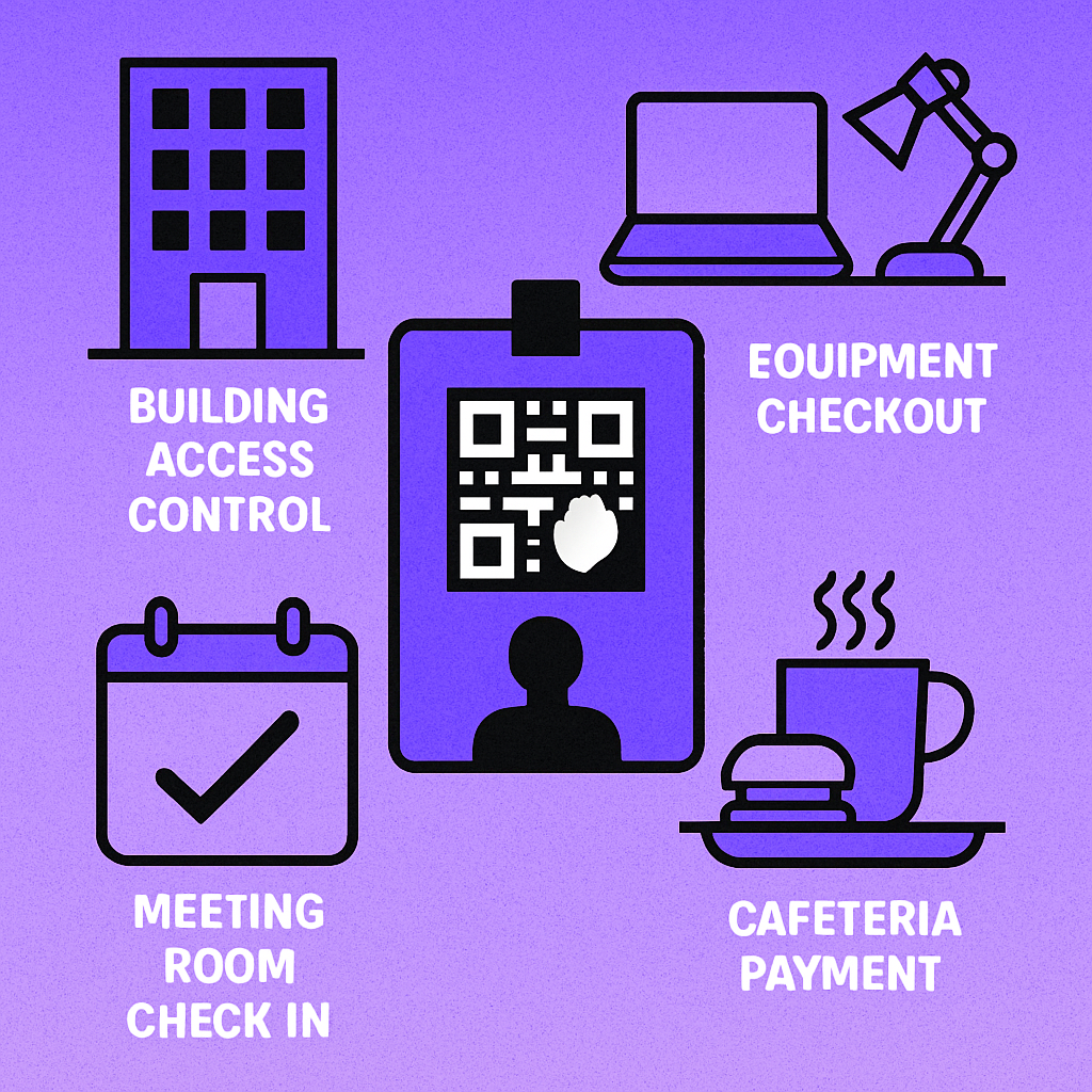 Four illustrated panels showing QR badge scanning for building access, equipment checkout, meeting room check-in, and cafeteria payment