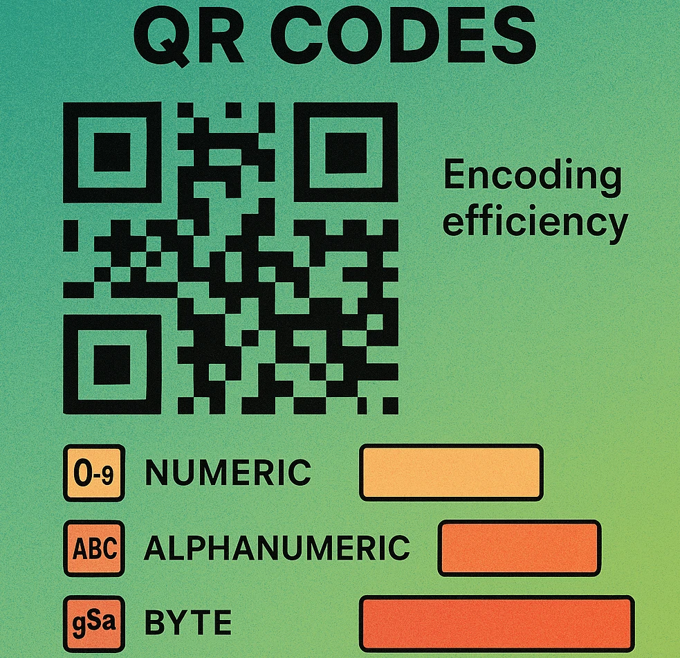 Side-by-side comparison showing the same data encoded in different modes with different QR code sizes
