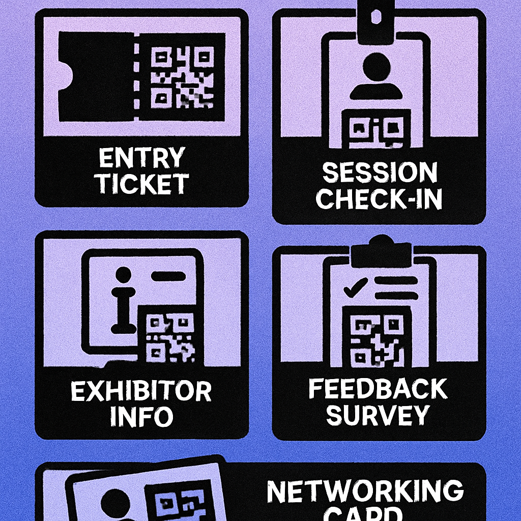 Exhibition stand showing QR codes for lead capture, product info, and social follow