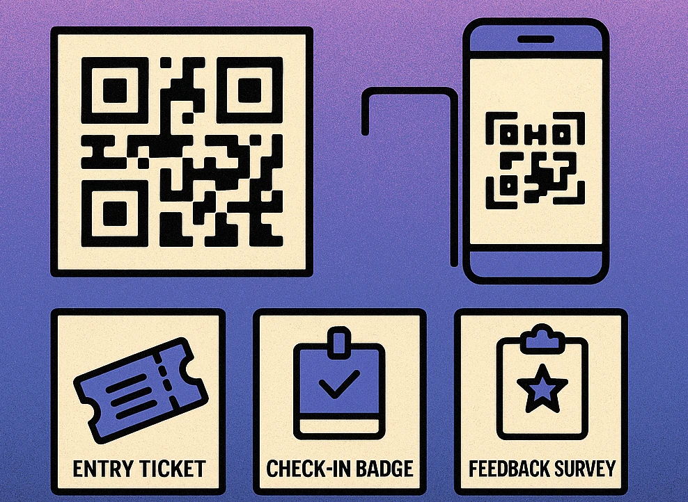 Exhibition stand showing QR codes for lead capture, product info, and social follow