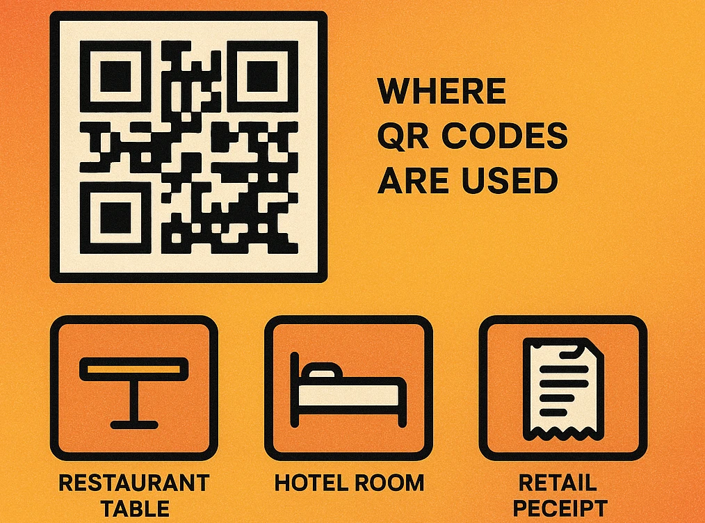 Diagram showing six feedback QR code placement locations: receipt, table card, product insert, exit sign, email footer, event badge