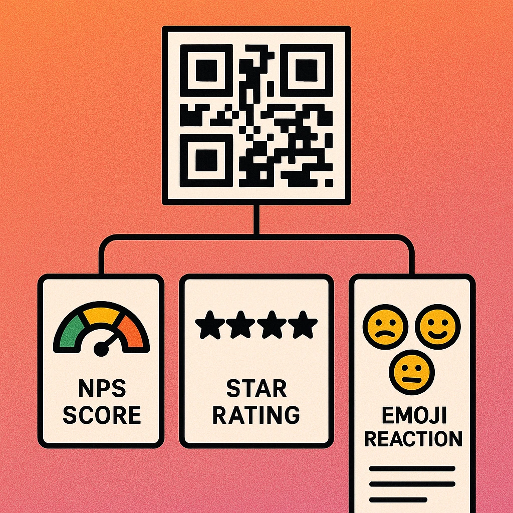 Four survey format cards showing NPS, star rating, emoji reaction, and open text options