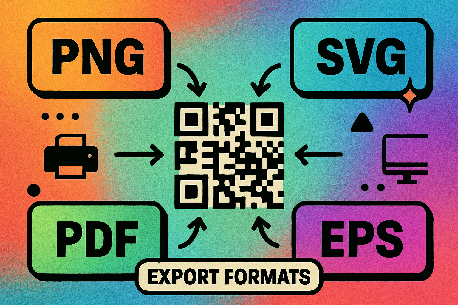 Illustration comparing QR codes saved in different file formats showing the difference in quality between raster and vector