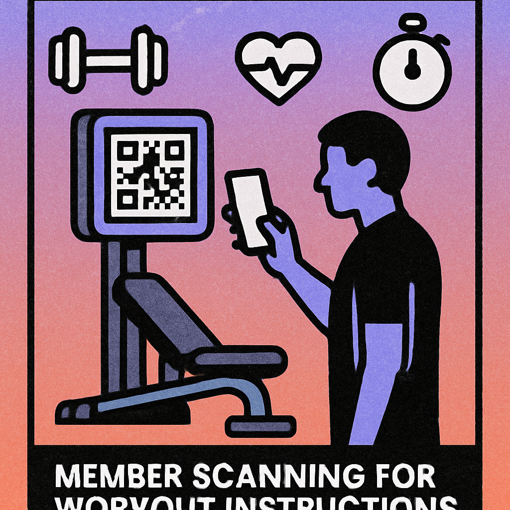 QR codes in a modern gym environment on equipment, notice boards, and reception desk