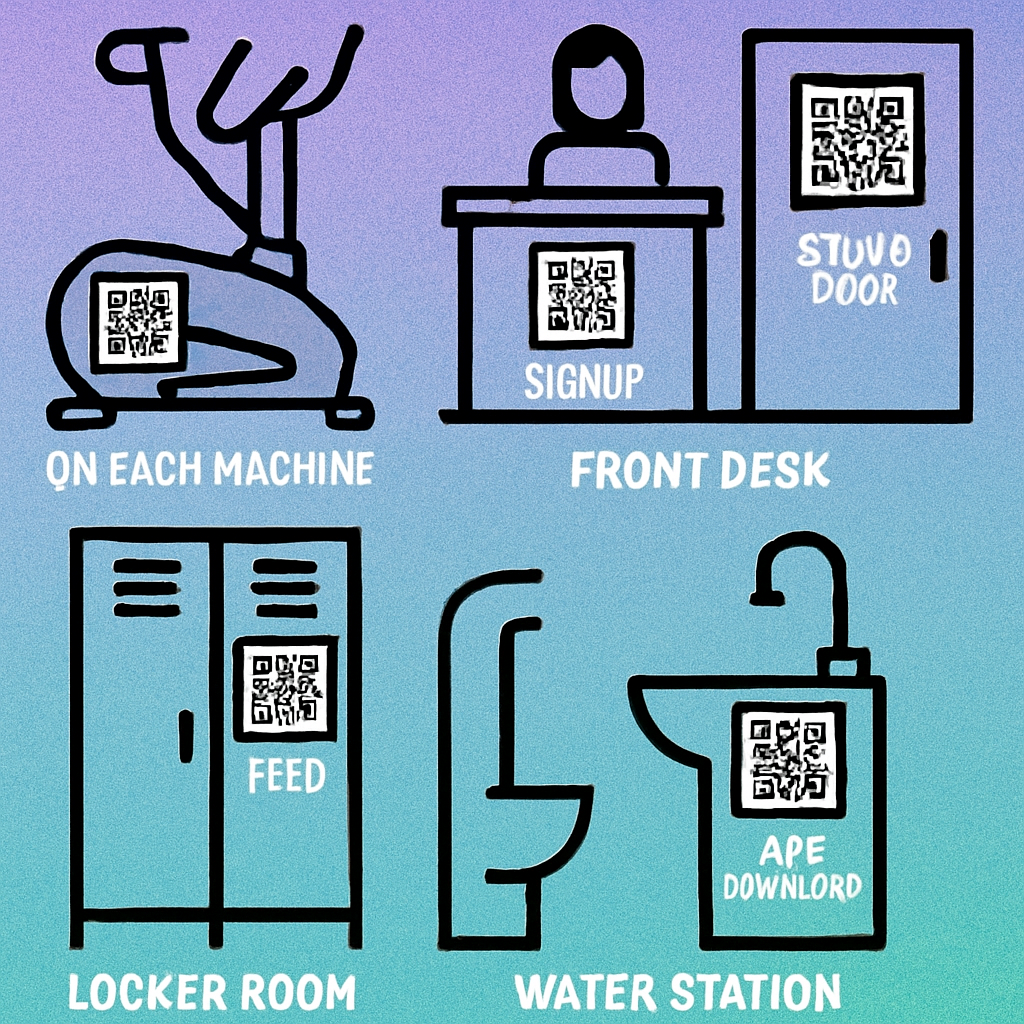 Gym floor plan showing optimal QR code placement locations at equipment, reception, notice boards, and changing rooms