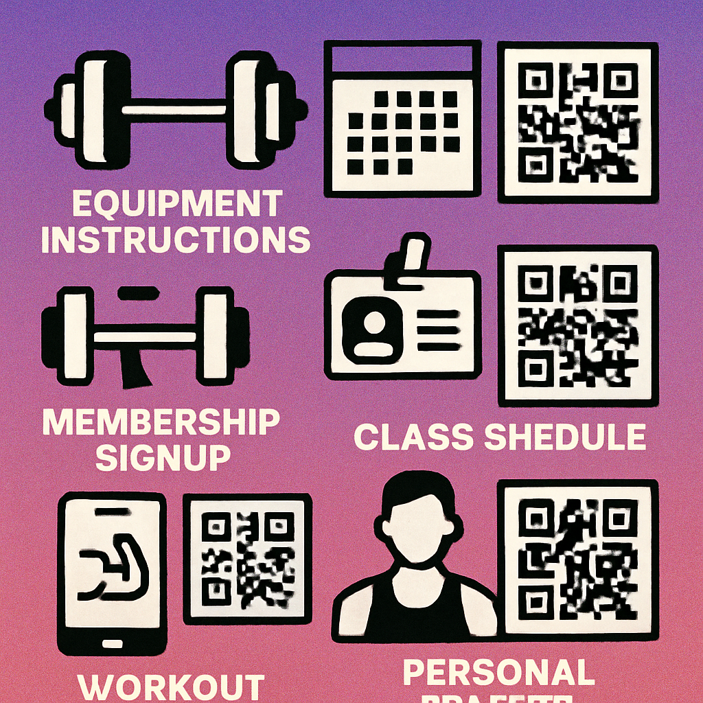 Diagram showing six fitness QR code use cases: equipment, classes, membership, workouts, PT booking, and nutrition