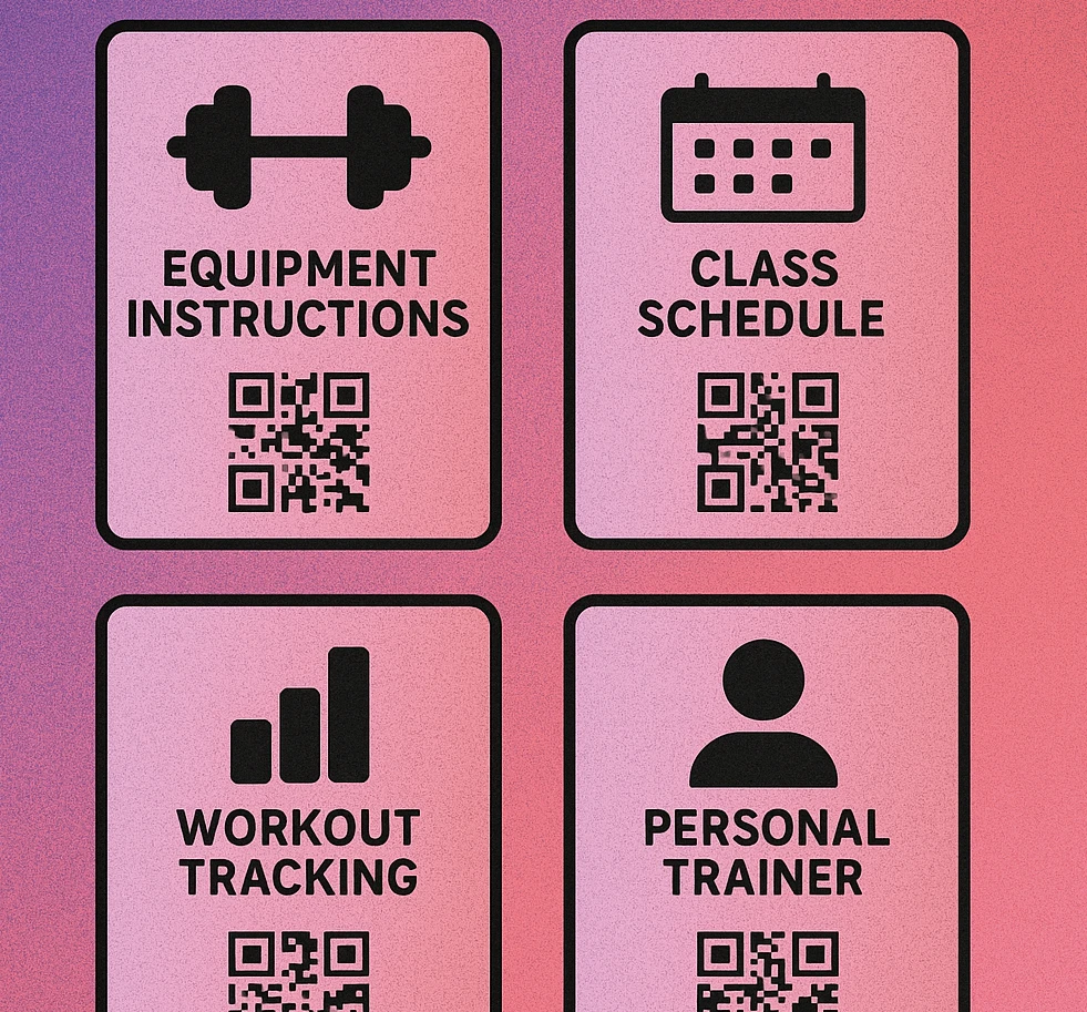 Diagram showing six fitness QR code use cases: equipment, classes, membership, workouts, PT booking, and nutrition