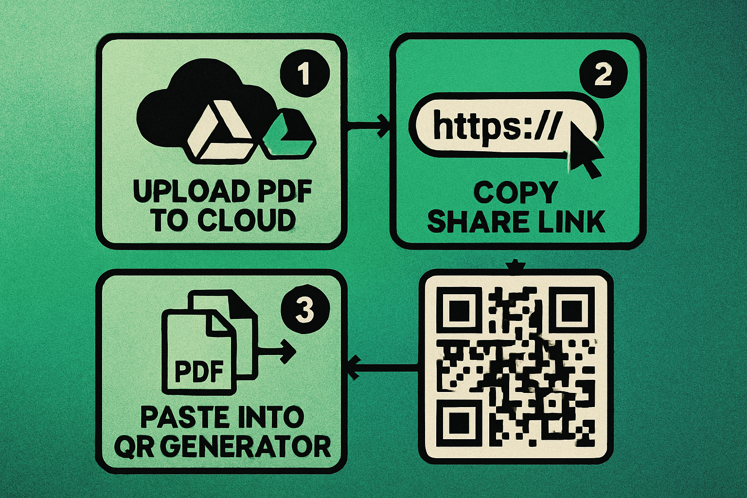Step-by-step flow showing how to link a PDF to a QR code via URL hosting