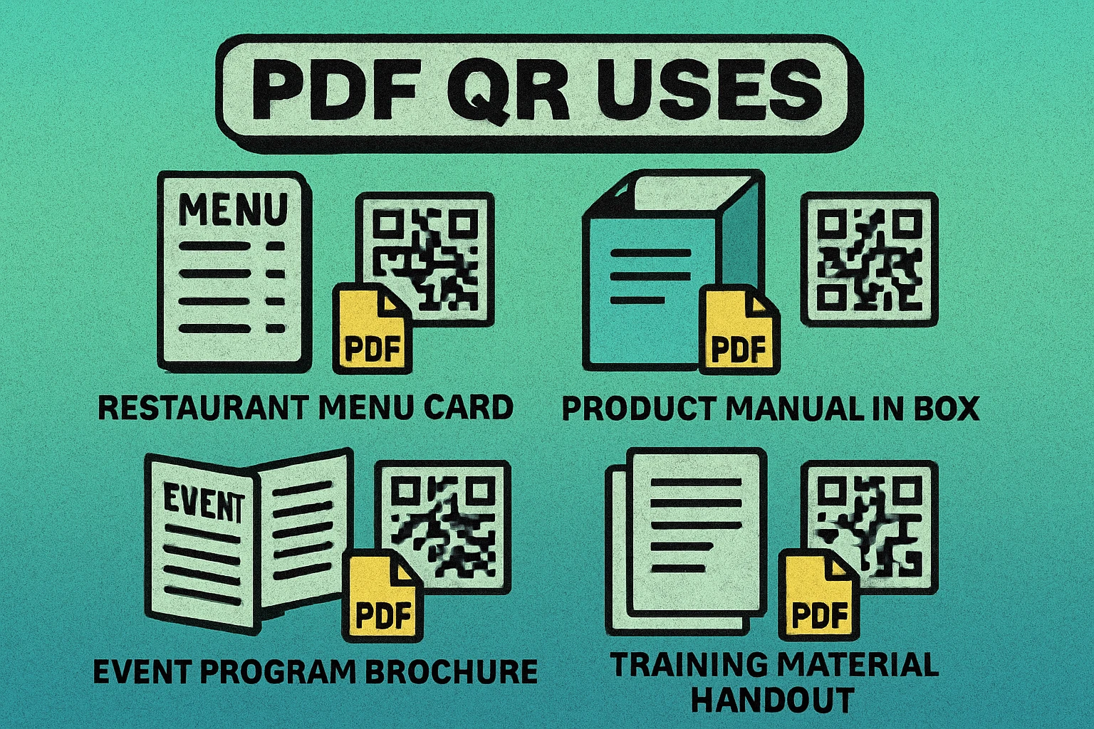 PDF QR codes used on product packaging, restaurant menus, and training materials