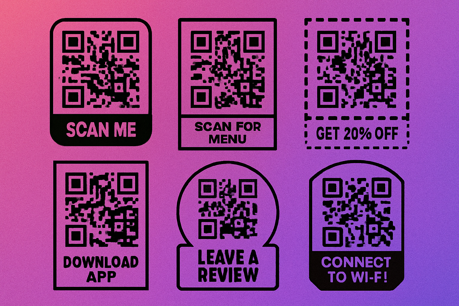 Six QR code frame examples with different CTA texts: Scan Me, Scan for Menu, Get 20% Off, Watch Demo, Download App, Connect to Wi-Fi
