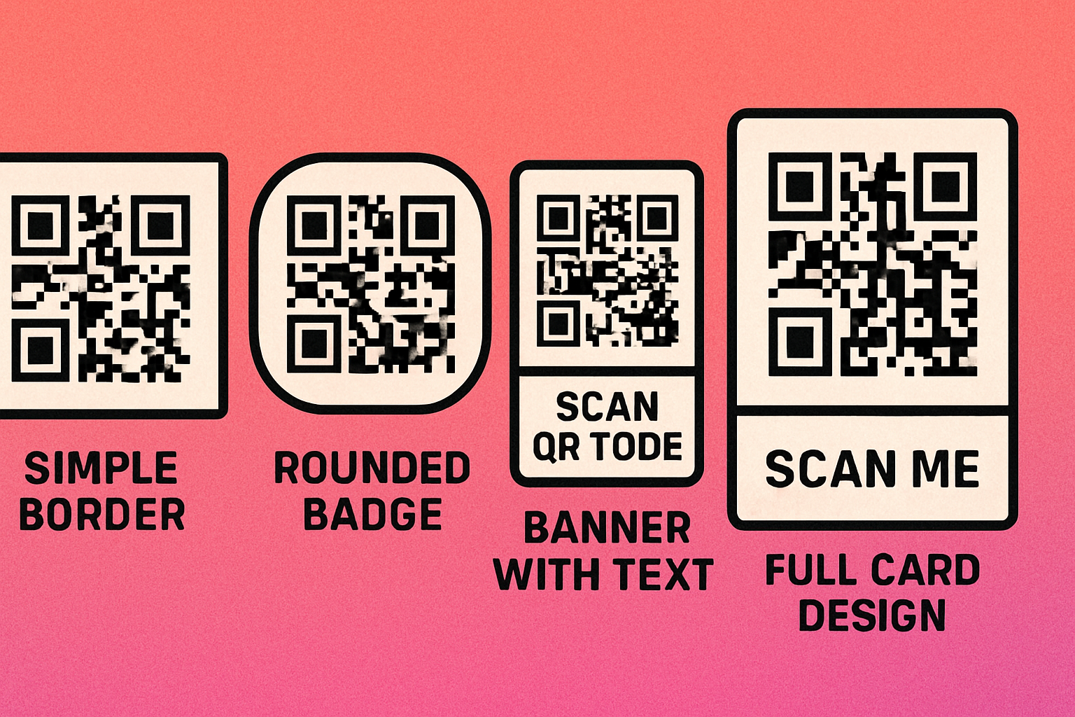 Four QR code frame styles side by side: simple border, rounded badge, banner, and full card