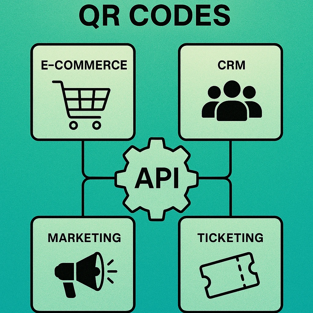 Three workflow diagrams: e-commerce order flow, CRM contact export, and ticketing event check-in