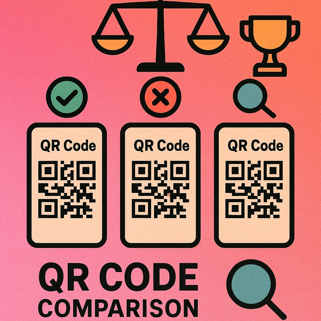 Side-by-side comparison of QR code generators on laptop screens showing different interfaces and features