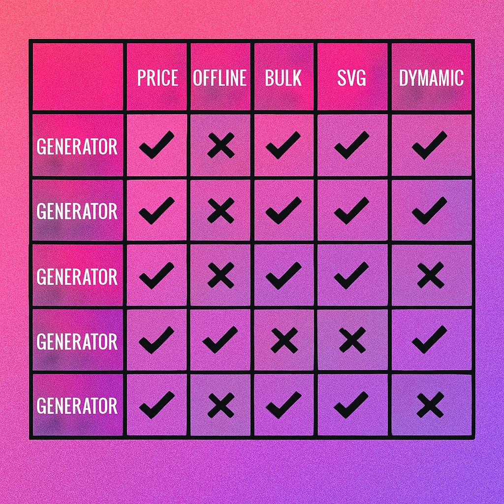 Feature comparison matrix of QR code generators showing capabilities across pricing, export, customisation, and privacy