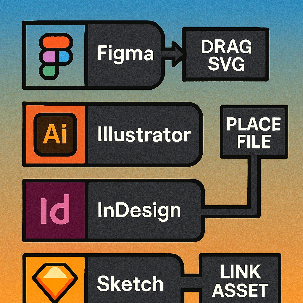 QR code SVG files placed natively in Figma, Adobe Illustrator, and Adobe InDesign