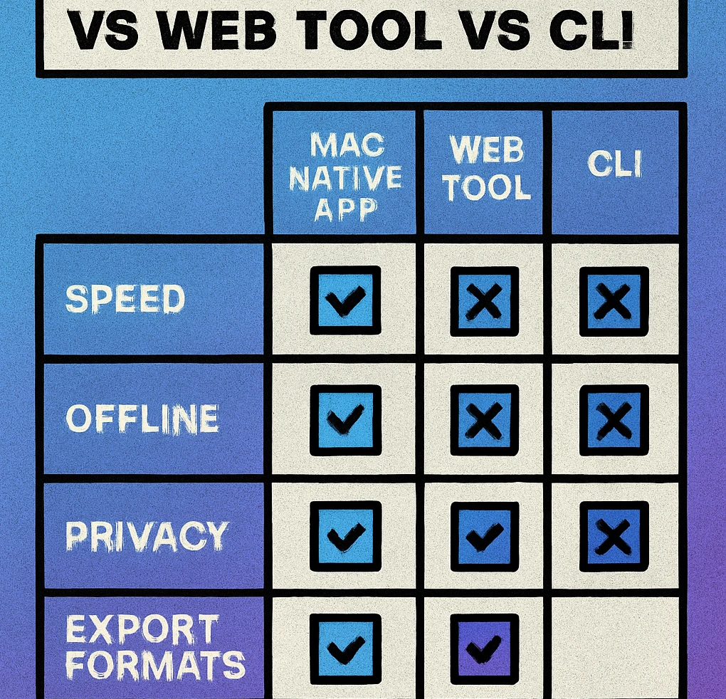 Side-by-side comparison of native Mac app, web tool, and CLI QR code generators