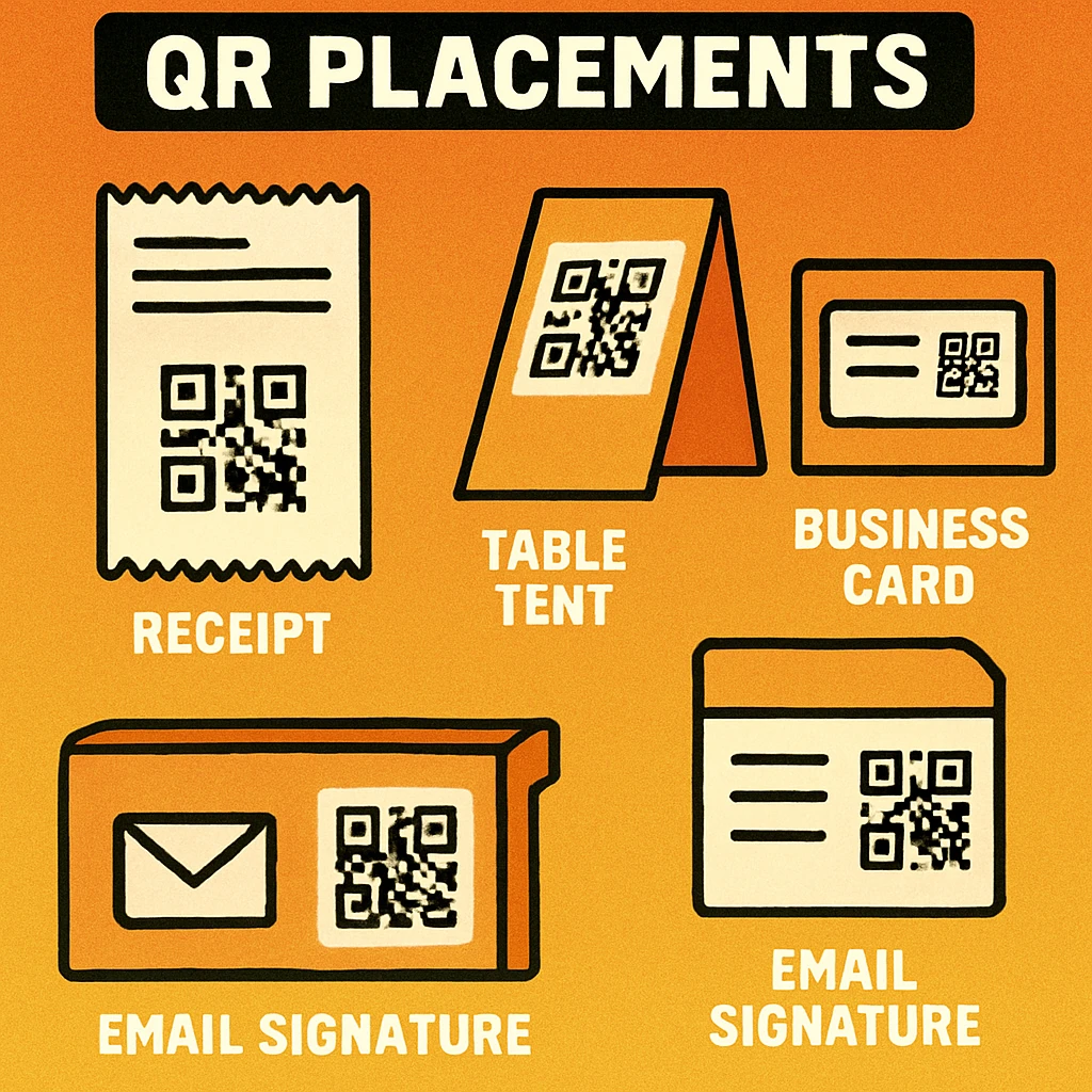 Three placement examples: a printed receipt with QR code, a table tent card, and a checkout counter sign