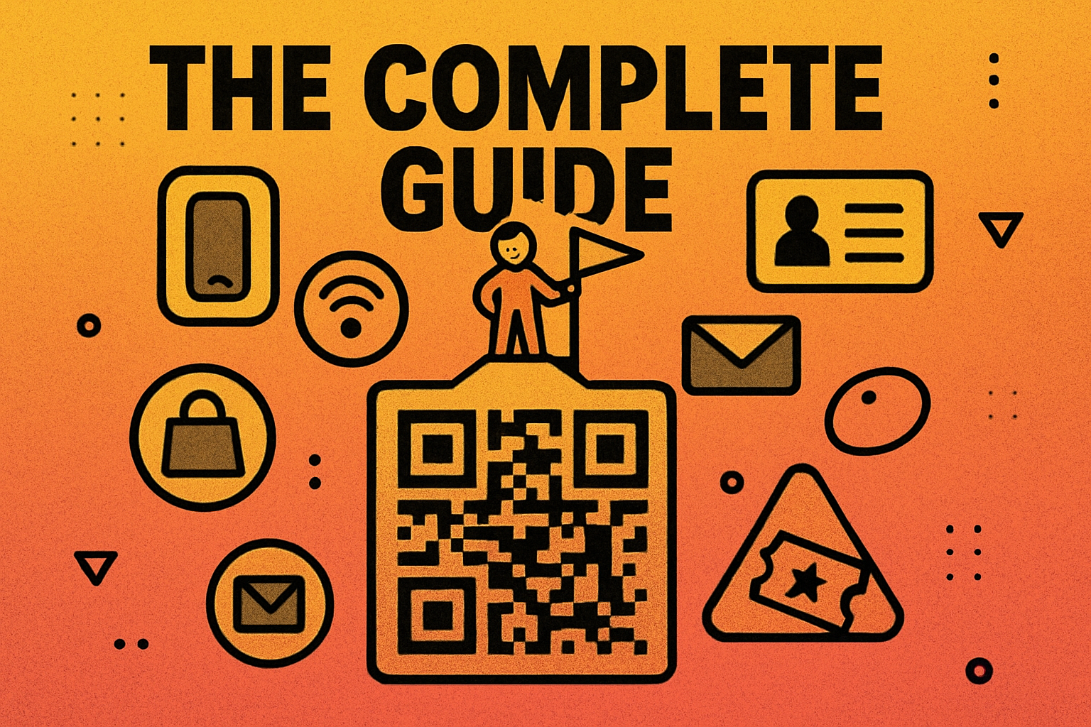 Comprehensive visual guide to QR codes showing a large QR code surrounded by icons representing different use cases like URLs, Wi-Fi, payments, and business cards