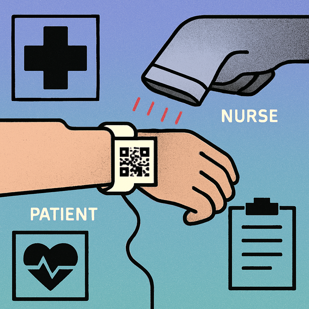 QR code on a patient wristband being scanned by a nurse with a handheld device in a hospital setting