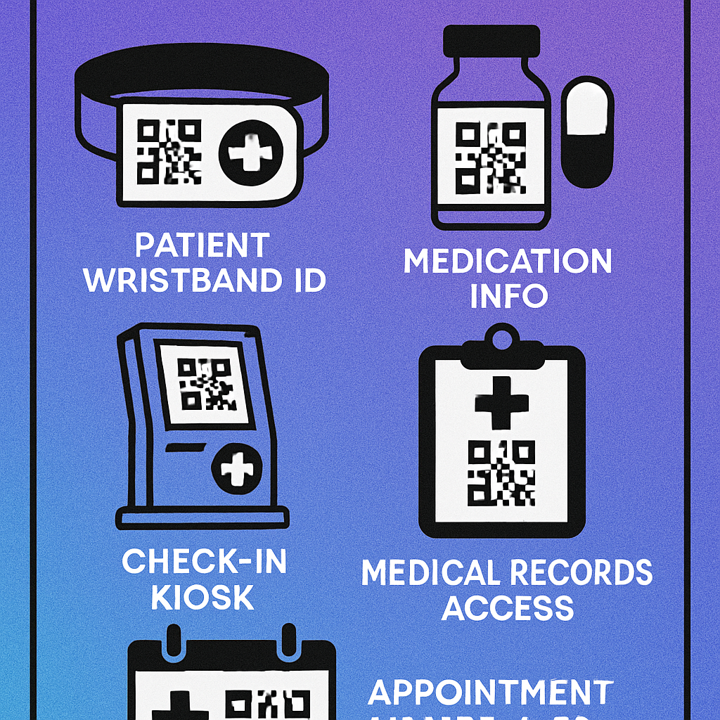 Diagram showing QR code touchpoints in a hospital: pharmacy dispensing, medication cart, nurse station, and patient bedside