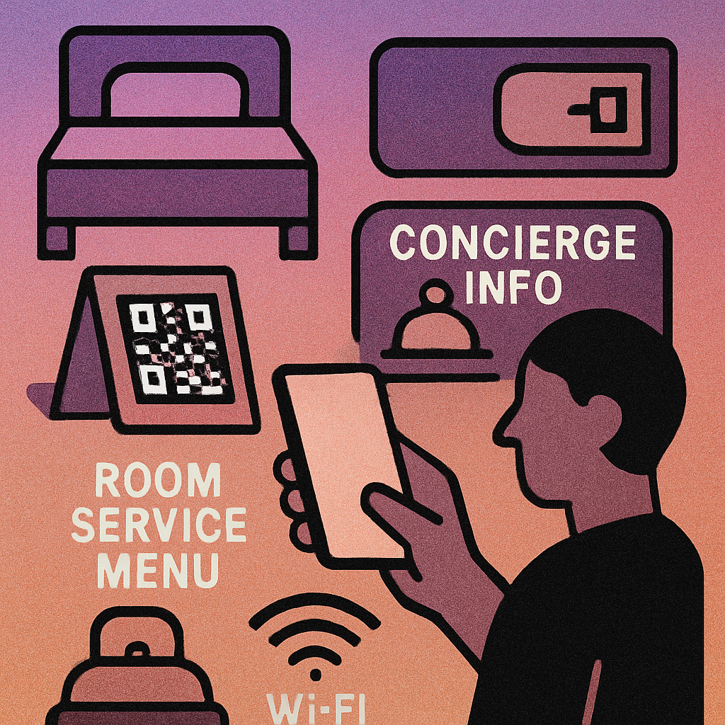 Hotel room with QR codes on the desk for WiFi, menus, and concierge services