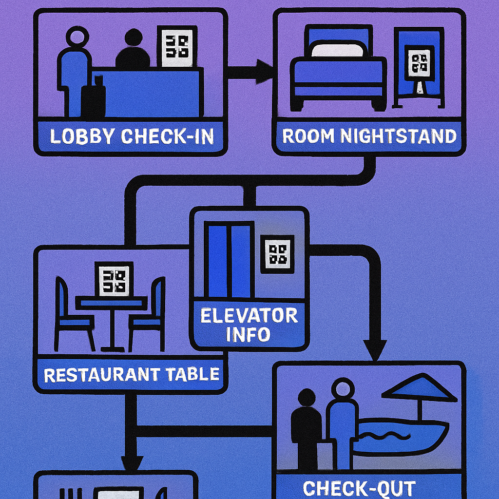 Diagram of hotel guest journey touchpoints where QR codes are deployed