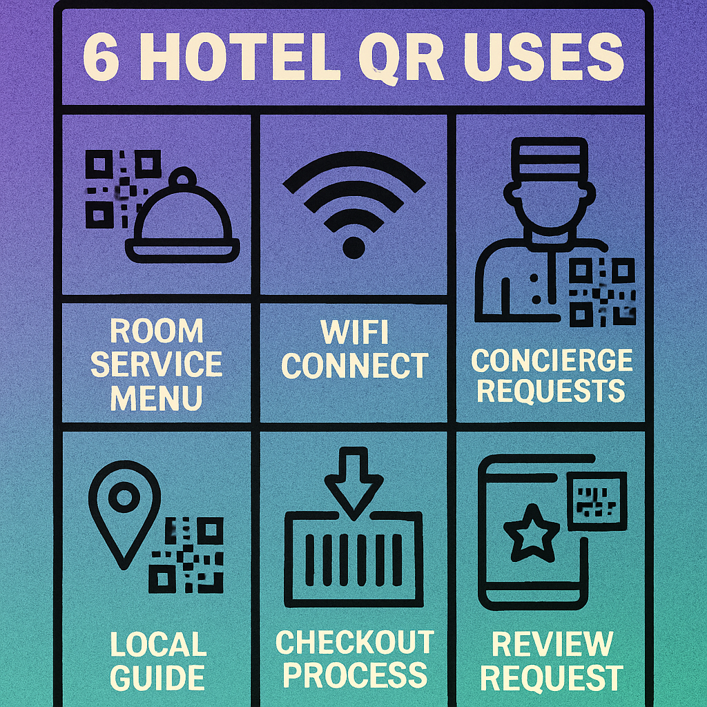 Collection of hotel QR code use cases: WiFi, menu, concierge, feedback, and local guide