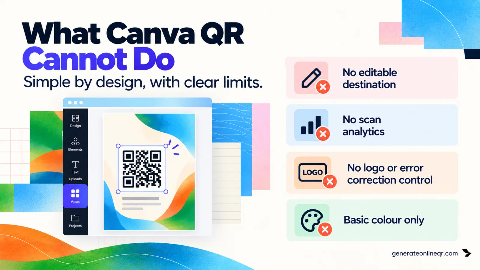 Limitations of Canva's QR code app: no editable destination, no scan analytics, no logo or error correction control, basic colour only