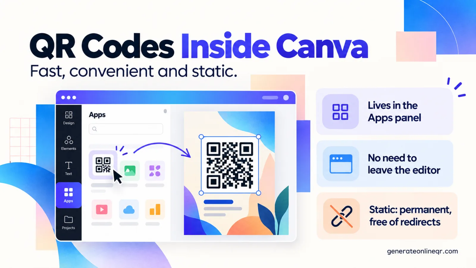 Canva editor with the QR Code app in the Apps panel placing a static QR code on a poster design