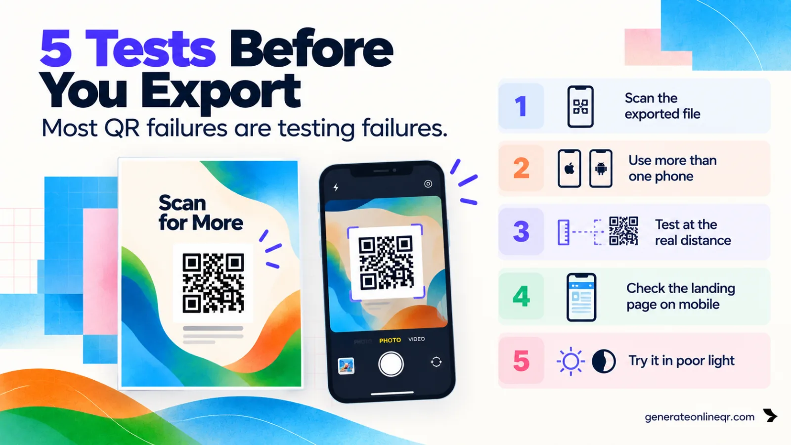 Five tests before exporting a Canva QR code: scan the exported file, use more than one phone, test at real distance, check the mobile page, try poor light