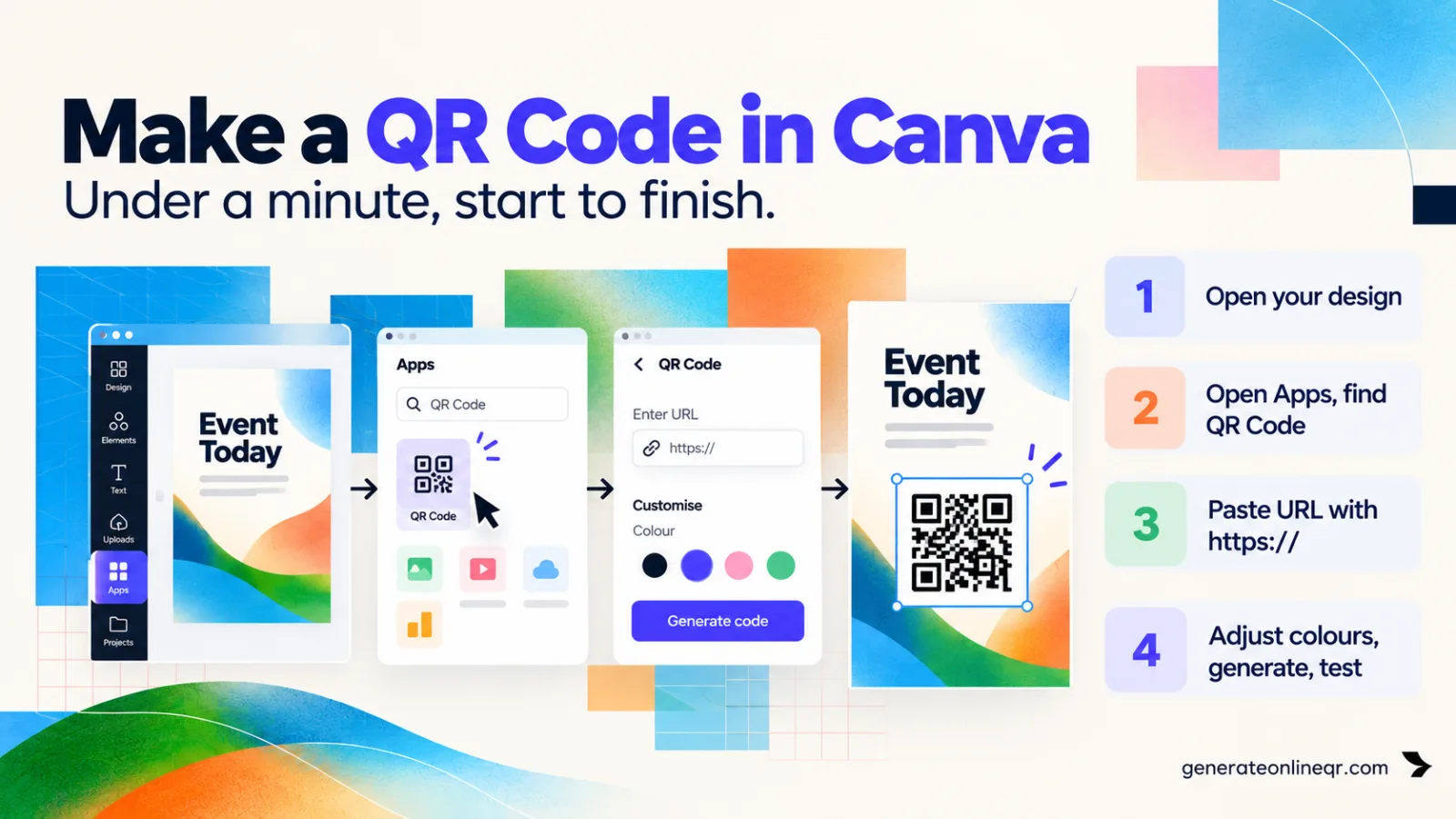 How to make a QR code in Canva step by step: open your design, open Apps, paste your https:// URL, adjust colours, generate and test