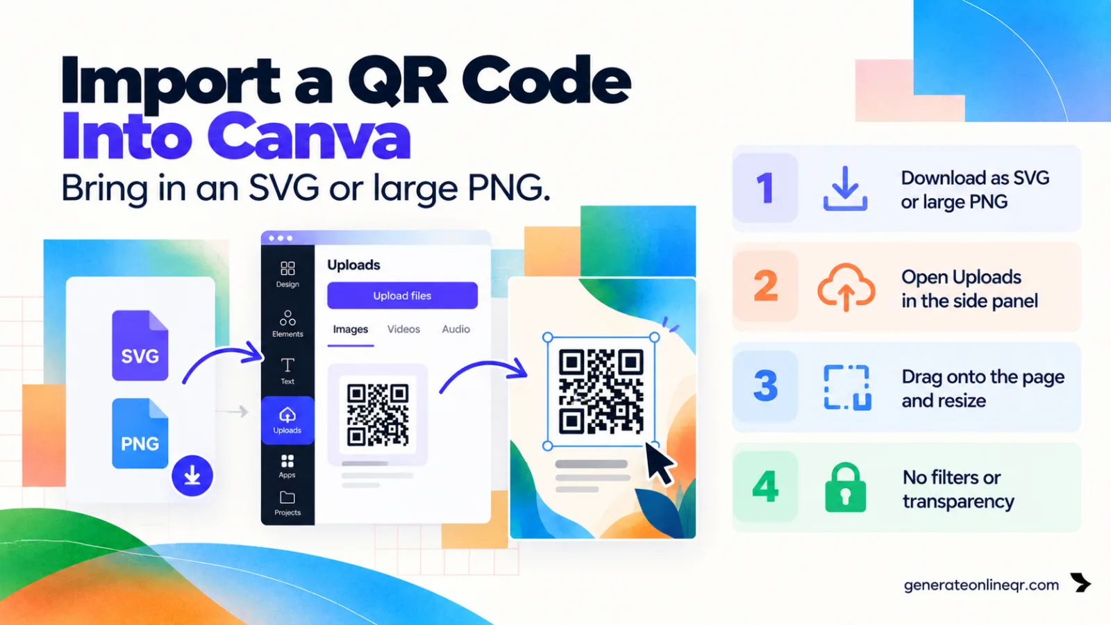 Uploading a QR code SVG or large PNG into a Canva design through the Uploads panel, with no filters or transparency